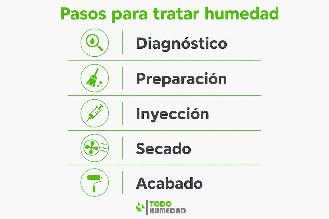 Infografía con los pasos esenciales para eliminar la humedad por capilaridad en tu hogar