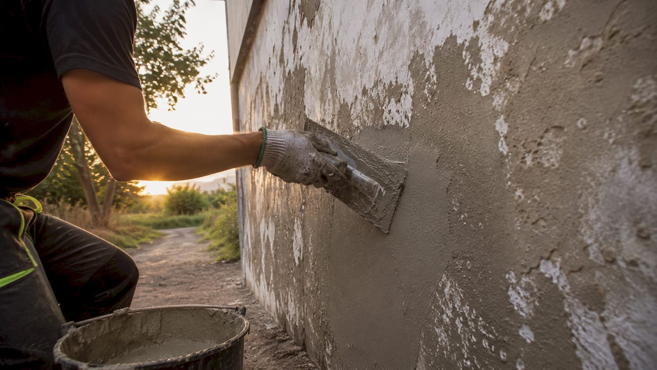 Aplicación de mortero antihumedad sobre una pared, realizada manualmente