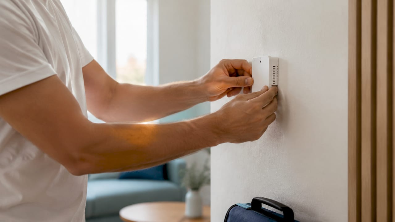 Un técnico con camiseta celeste coloca un sensor en el interior de una vivienda.