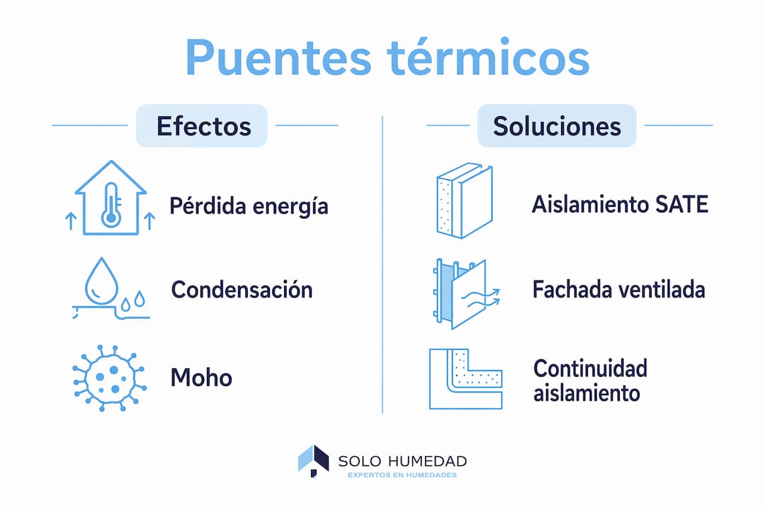 Infografía sobre cómo afectan los puentes térmicos en la vivienda y qué soluciones existen para evitarlos