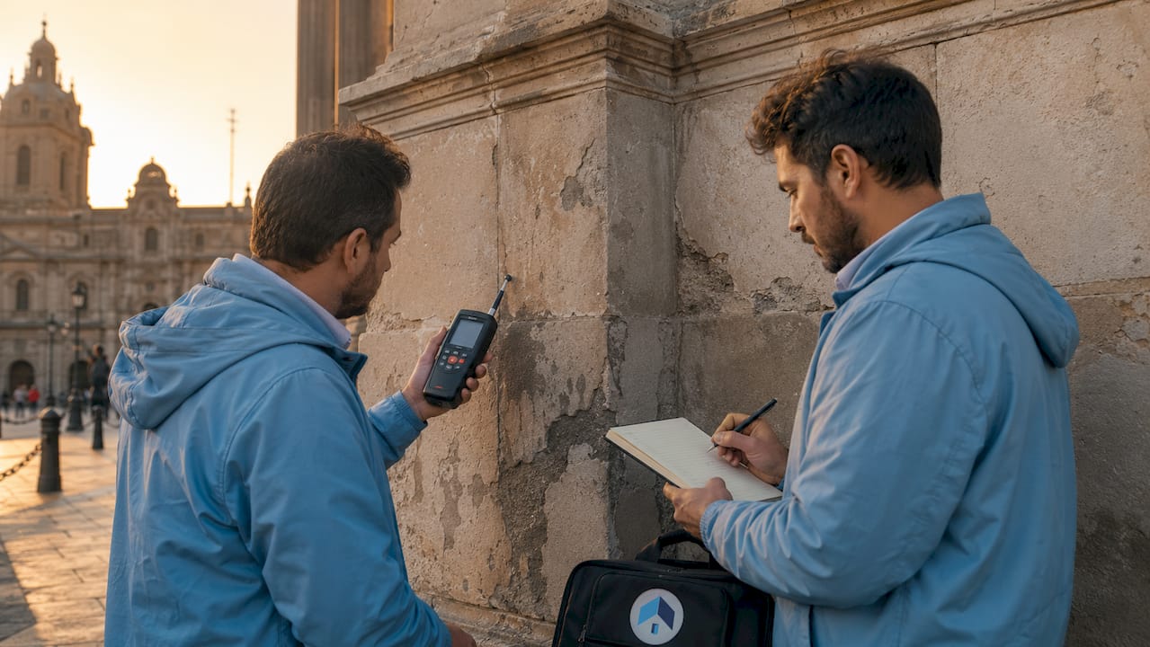 Dos especialistas revisan el estado de una fachada histórica.
