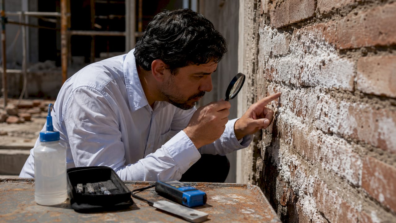 Unas manos revisan los cristales de sulfato que se han formado en la pared.