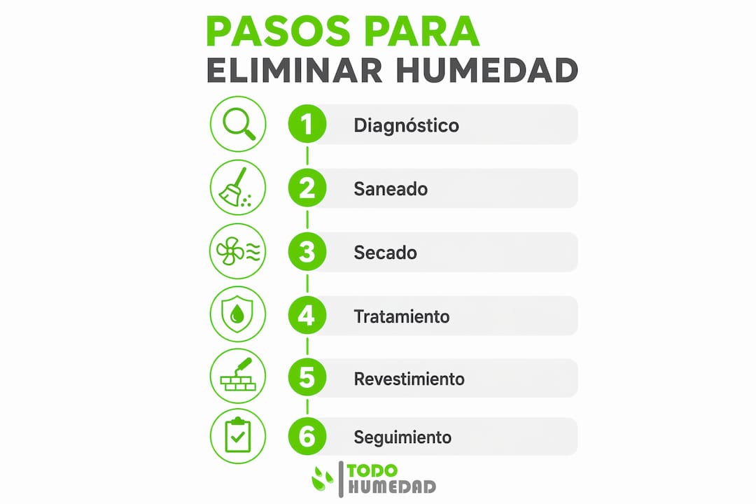 Infografía con los pasos clave para eliminar la humedad de las paredes
