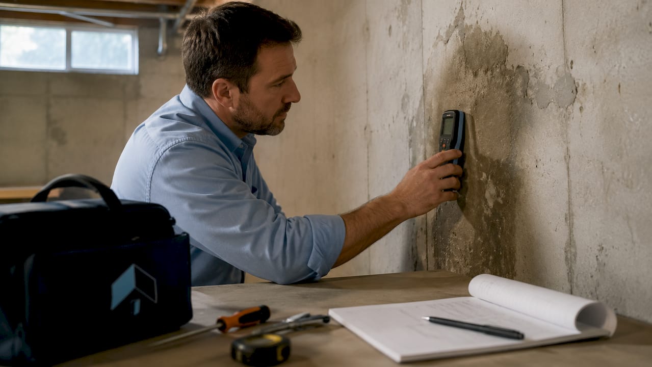 Un técnico verifica el nivel de humedad en una pared