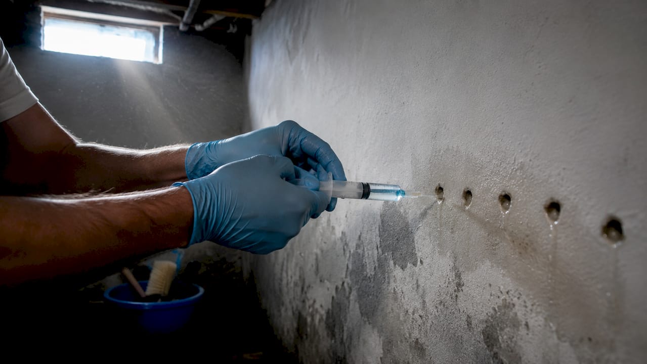 Manos aplicando resina sobre un muro, con detalles en tonos celestes