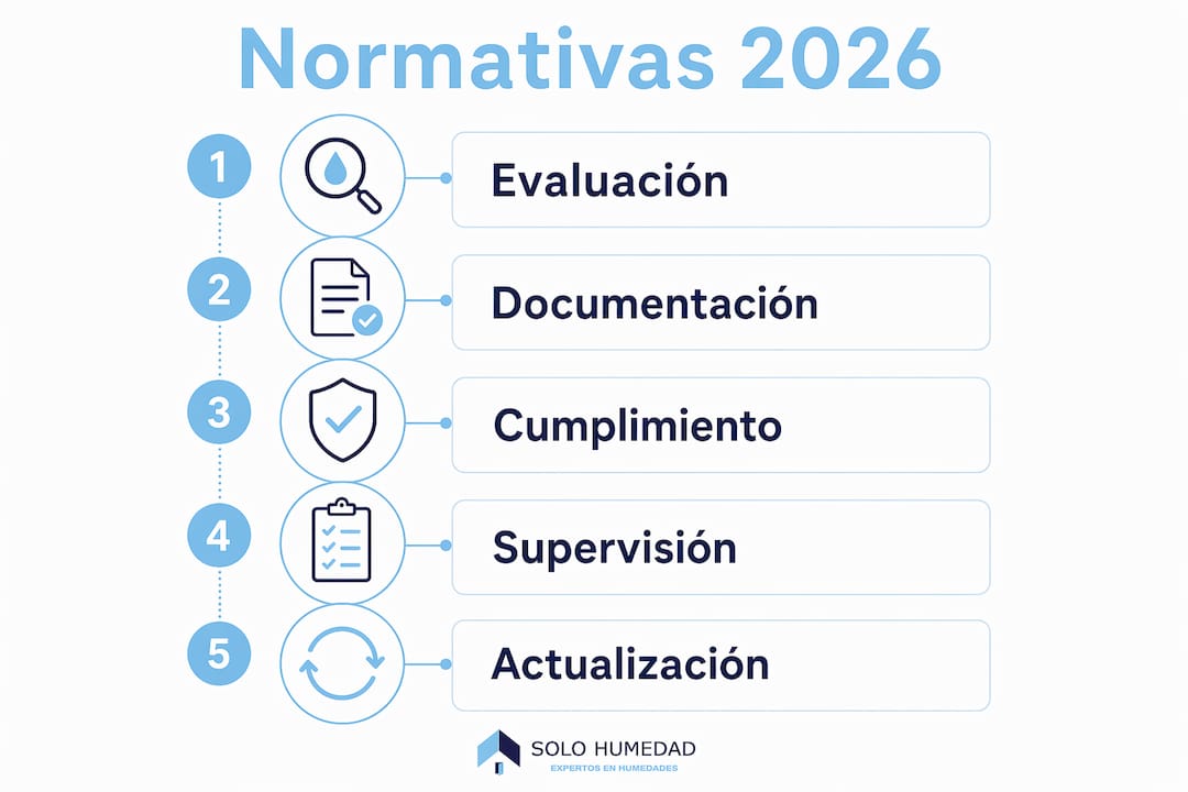 Infografía con los pasos esenciales de la normativa 2026 para el análisis higrotérmico