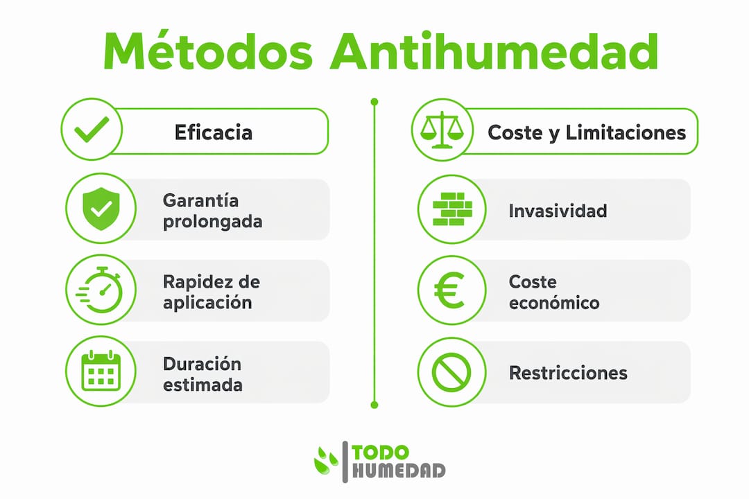 Comparativa visual de soluciones antihumedad según los aspectos más importantes