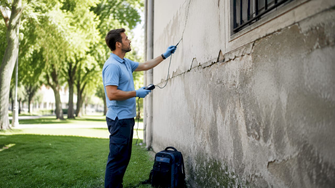 Especialista revisando una grieta con signos de humedad en la fachada del edificio.