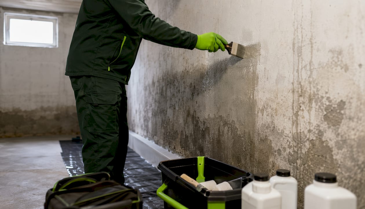 Profesional realizando un tratamiento contra la humedad en la pared