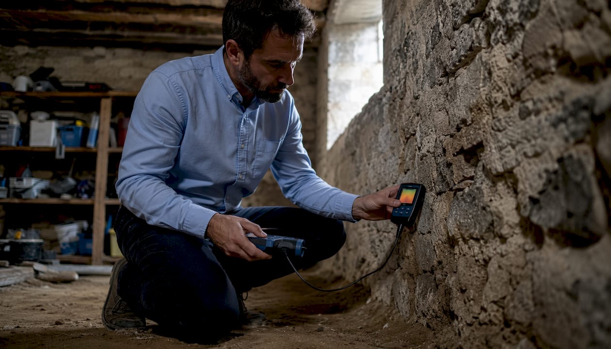 Especialistas midiendo la humedad de una pared con un higrómetro