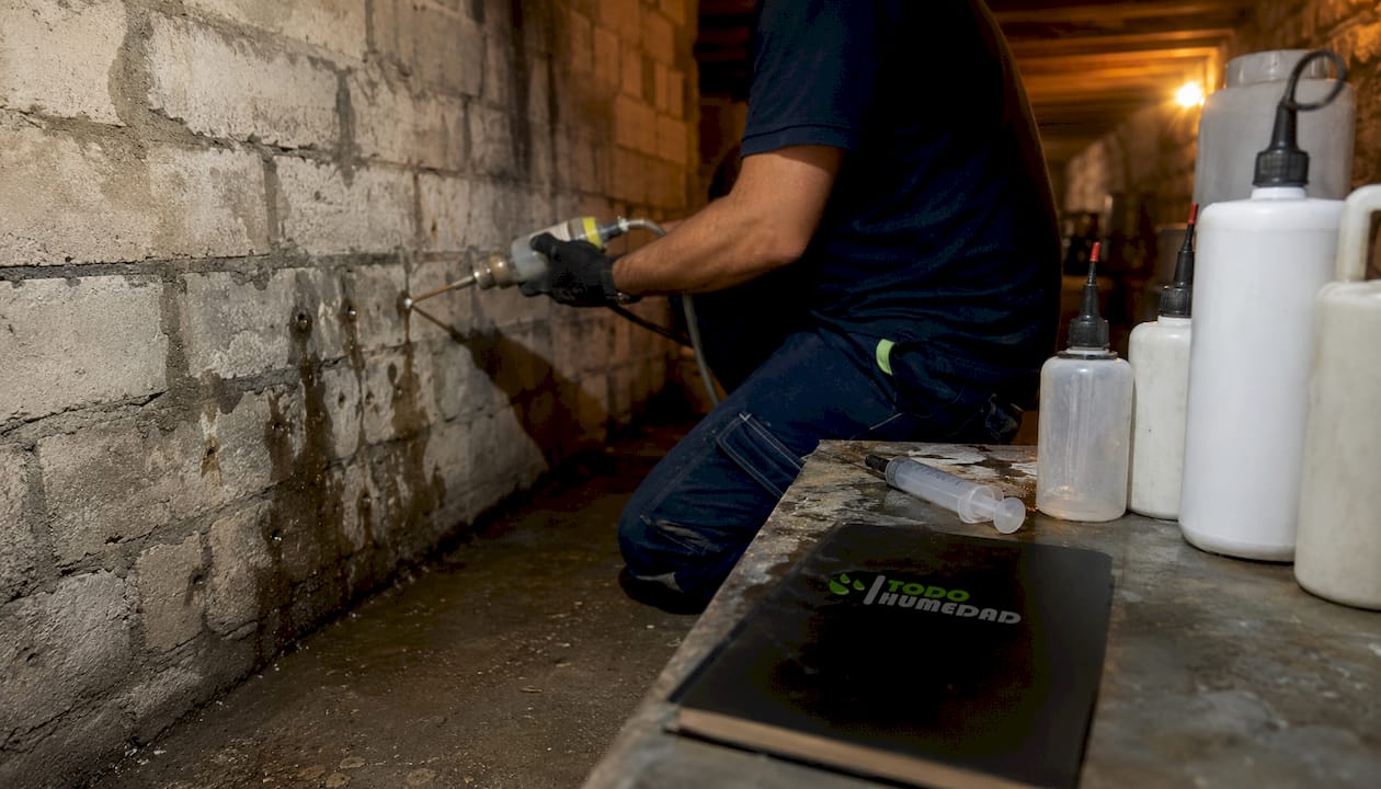 Aplicación de inyecciones contra la humedad en una pared, realizada manualmente.