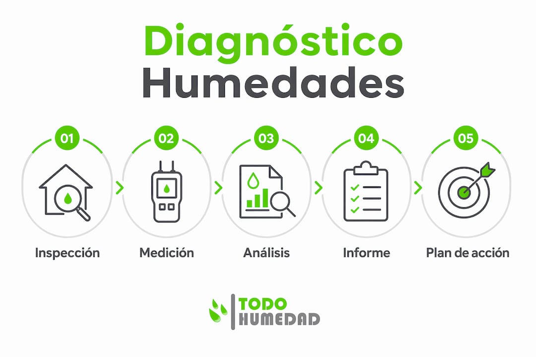 Infografía con los pasos clave para identificar y diagnosticar problemas de humedad en el hogar.