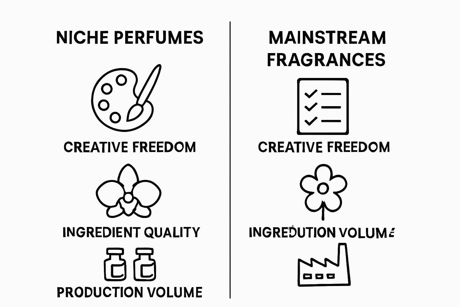 Side-by-side icons comparing niche and mainstream perfume characteristics
