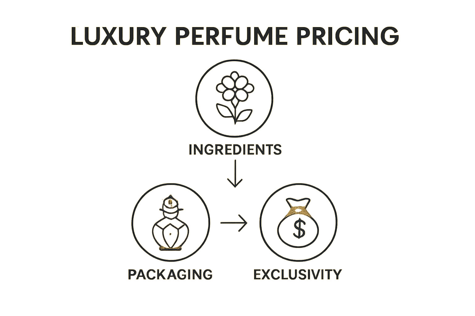 Simple icons illustrating factors that make perfume expensive