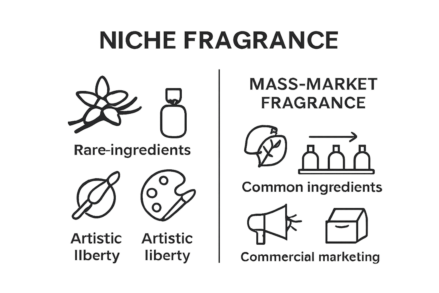 simple comparison chart of niche and mass-market fragrance