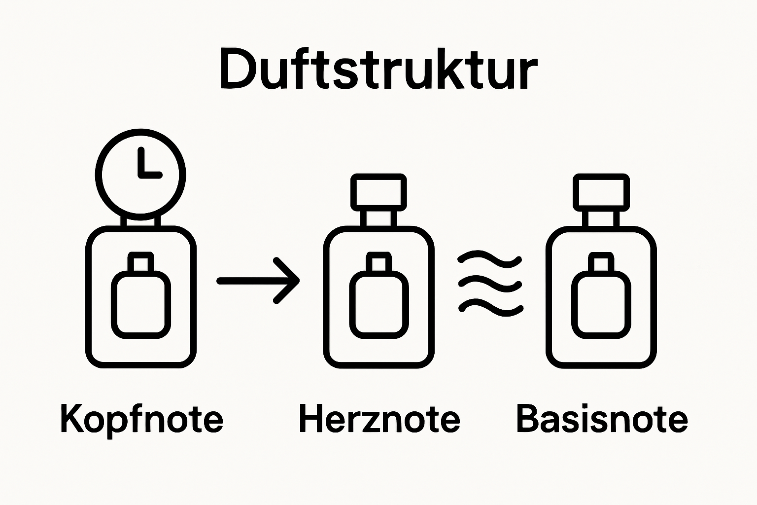 Infographic explaining Kopfnote, Herznote, Basisnote transitions in perfumes