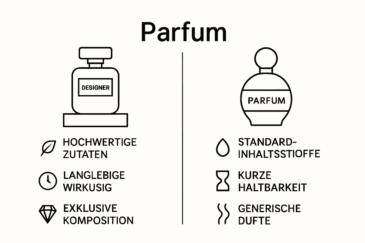 Infographic comparing designer and standard fragrances by ingredients and longevity
