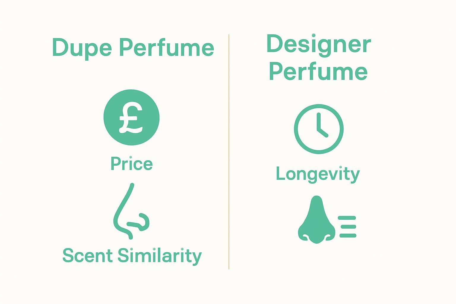 Comparison infographic: price, longevity, and scent similarity of dupe and designer perfumes.