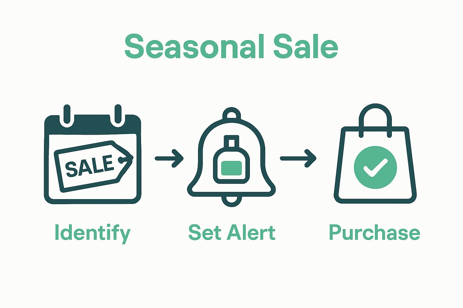 Three-step diagram: calendar sale, alert and perfume, final purchase bag