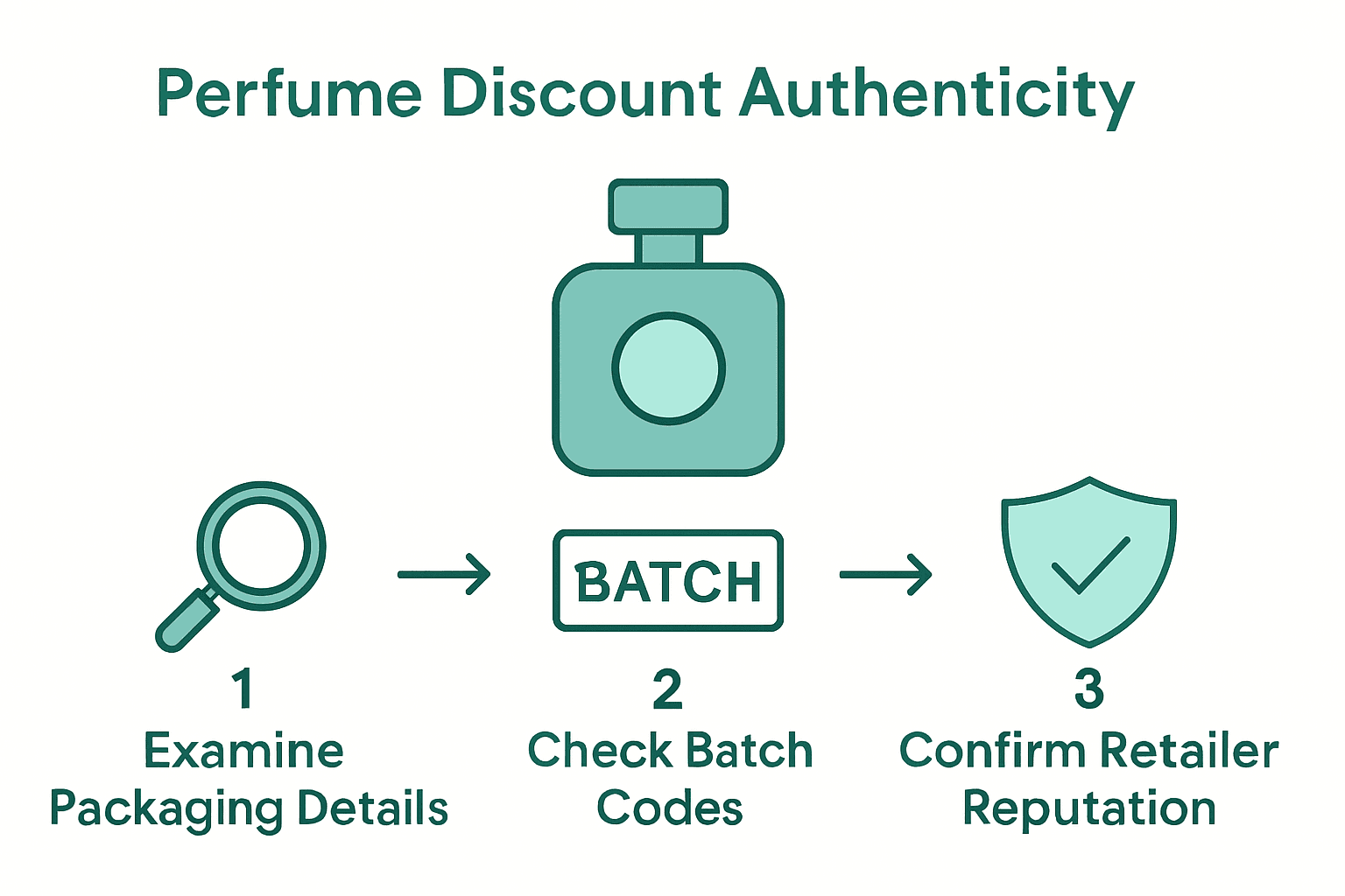 Infographic showing how to verify discounted perfume authenticity using three key steps.