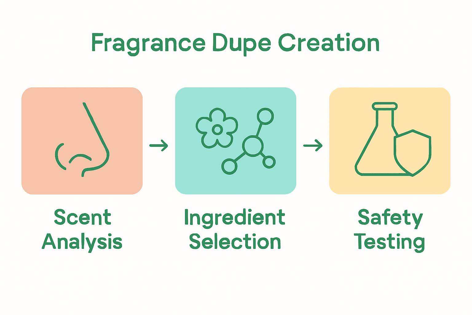 Infographic showing fragrance dupe analysis, ingredients, and safety testing.