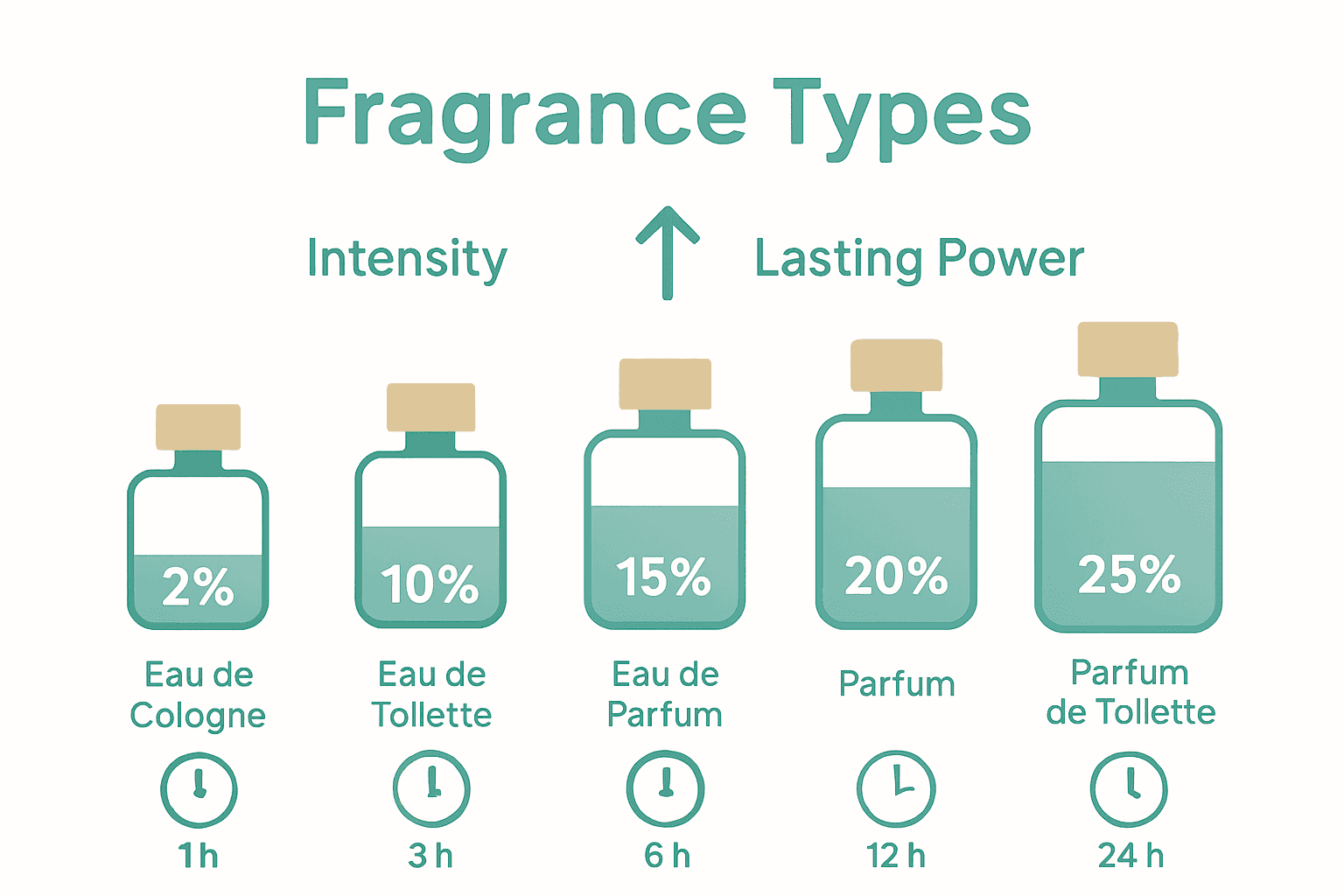 Infographic compares oil concentration and longevity for five perfume types.