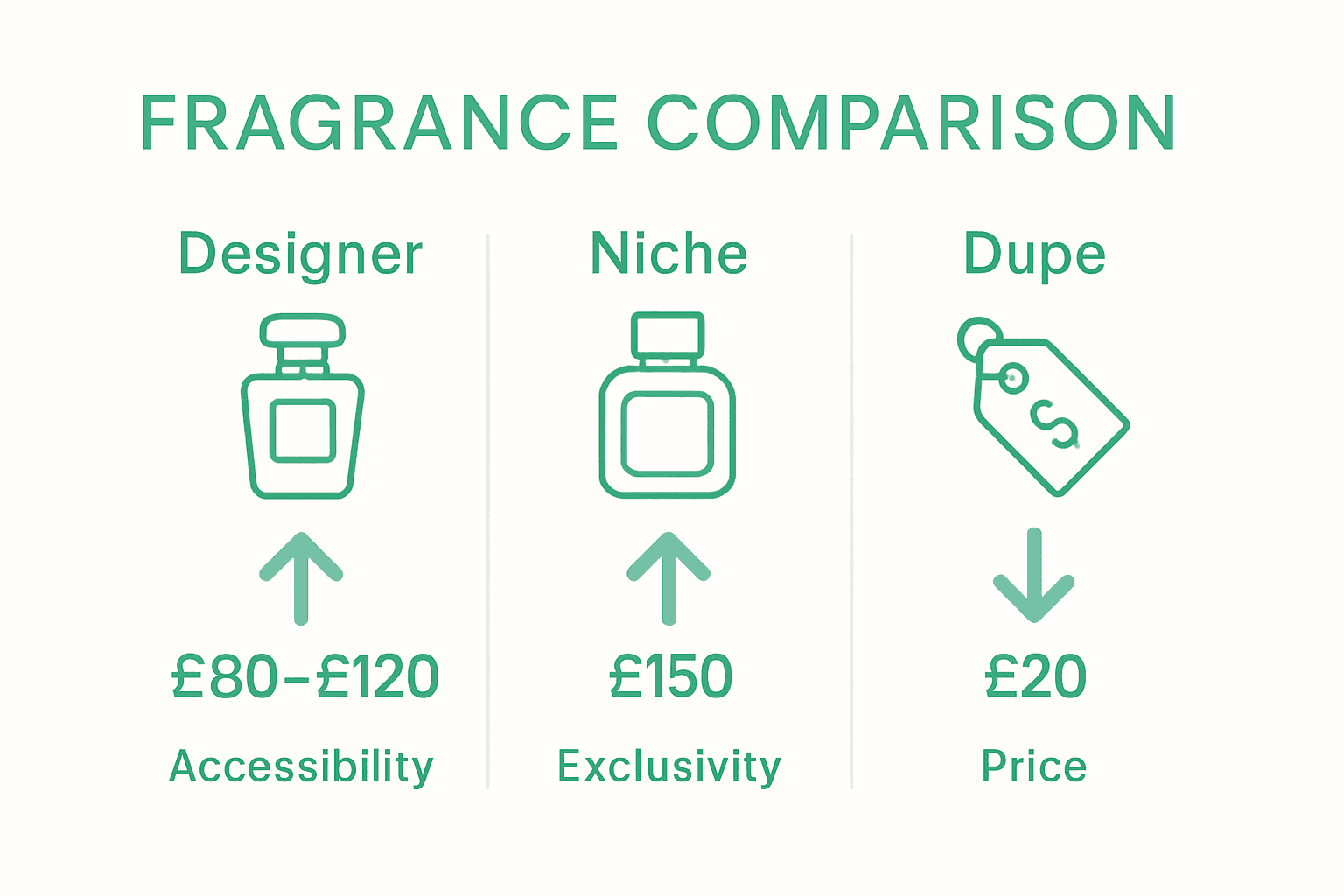 Infographic comparing designer, niche, and dupe fragrance price and features.