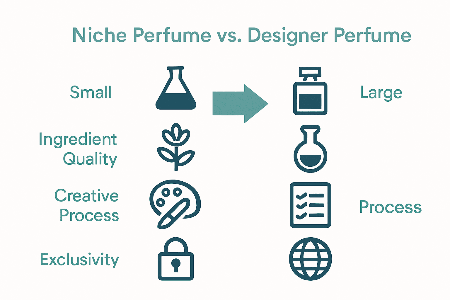 Infographic comparing main differences between niche and designer perfumes: production scale, ingredients, and exclusivity.