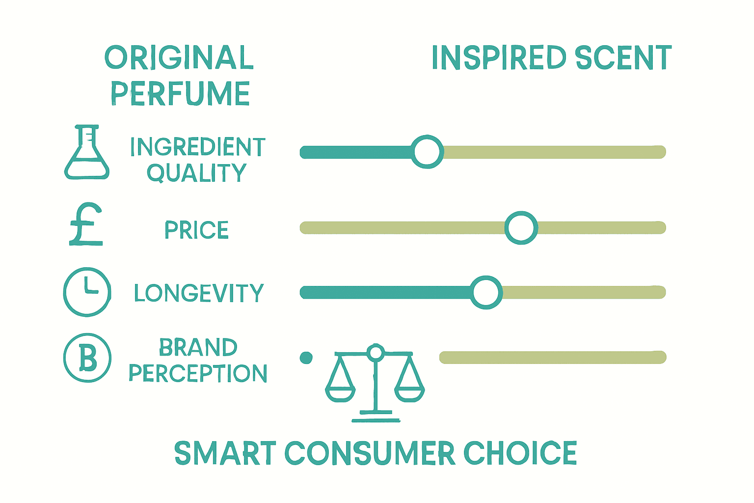 Visual comparison of original perfumes and inspired scents by ingredient quality, price, longevity, and brand perception.