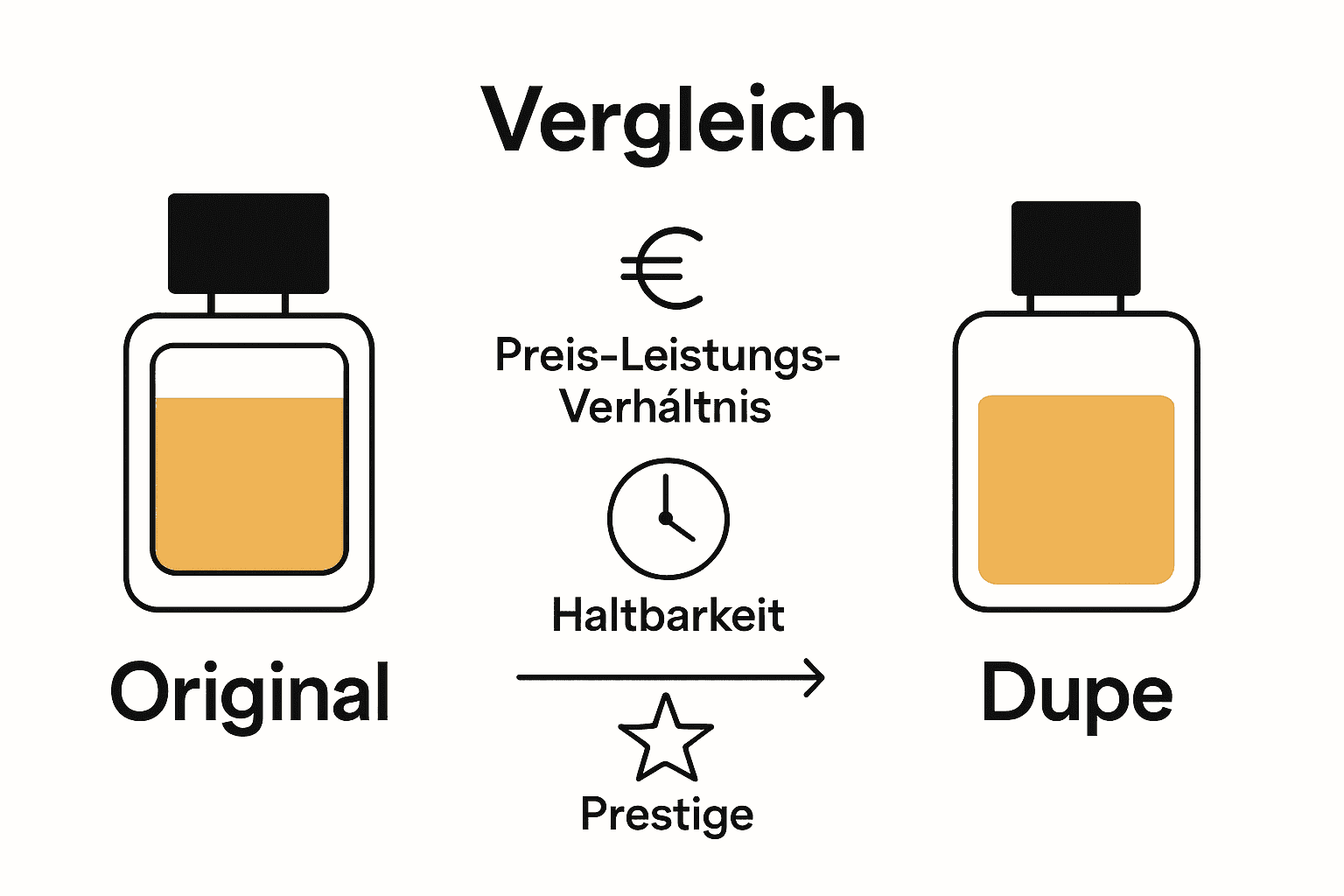 Vergleich Parfüm-Dupe und Original mit Icons für Preis und Haltbarkeit.