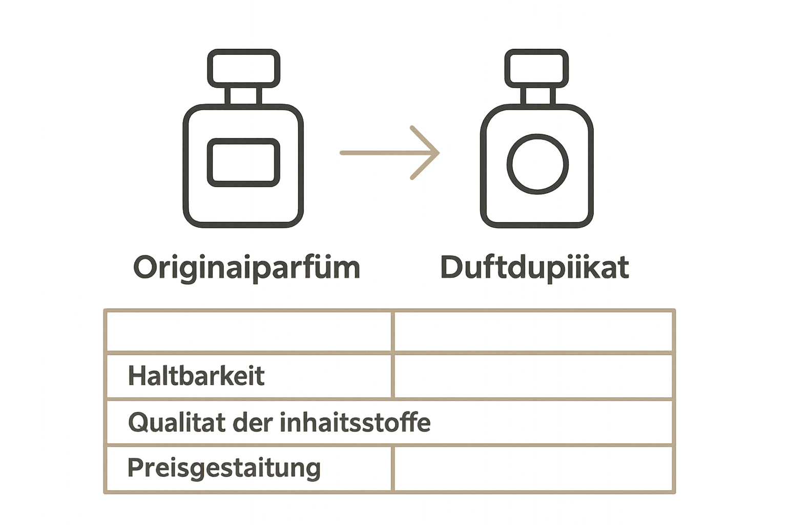 Vergleich Duftduplikat und Markenduft mit Symbolen und Bewertungen
