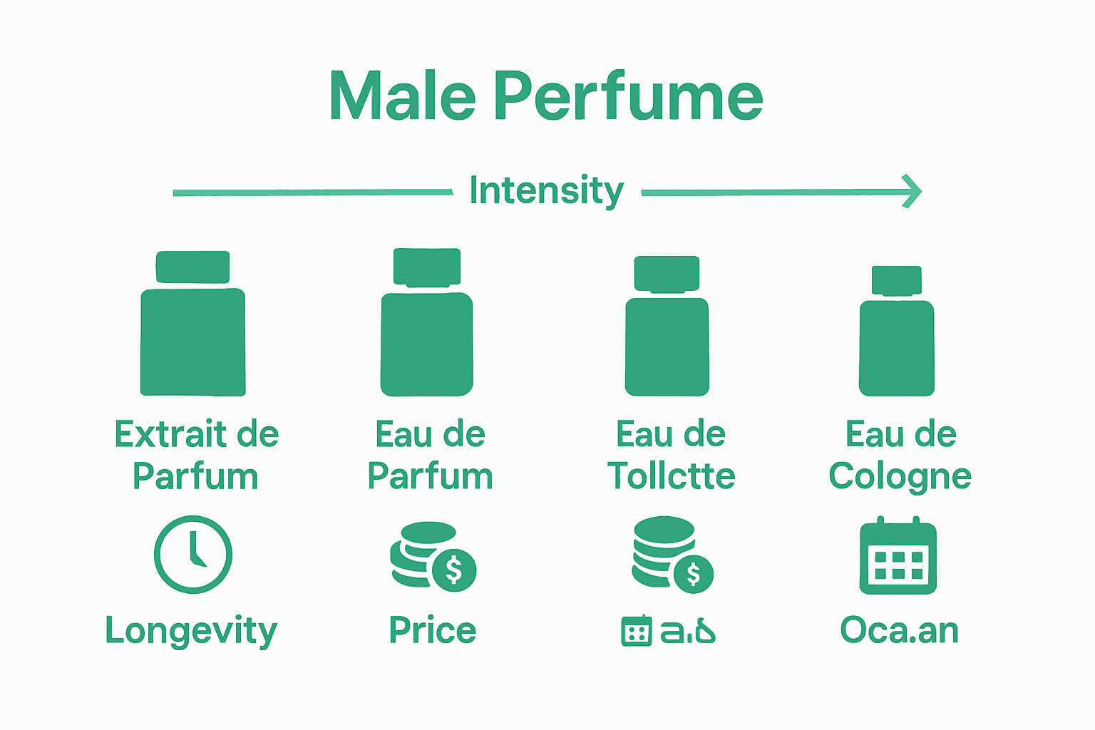 Infographic comparing four types of male perfume concentrations with icons for intensity, duration, and occasions.