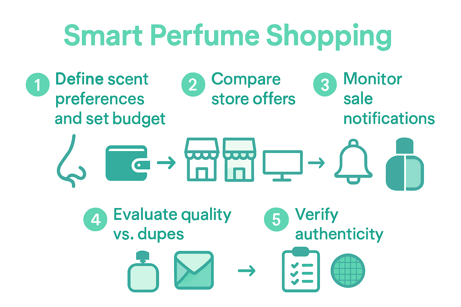 Five step infographic visualizing smart perfume shopping process.