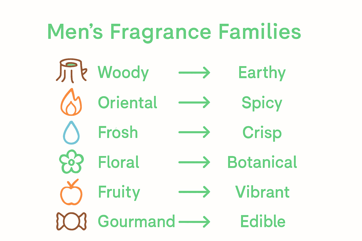 Infographic comparing men's fragrance families and main scent characteristics