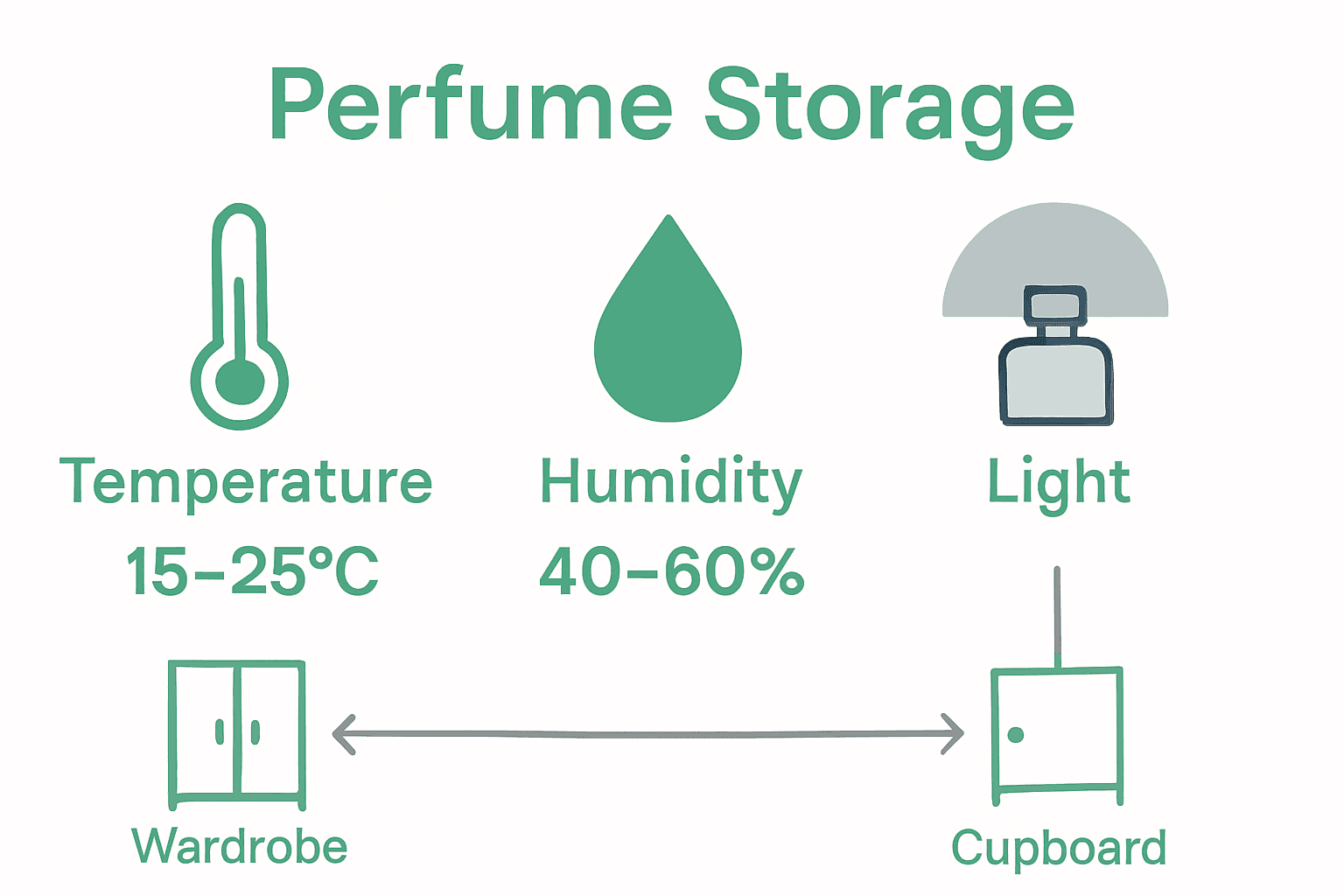 Infographic showing ideal UK perfume storage: temperature, humidity, low light.