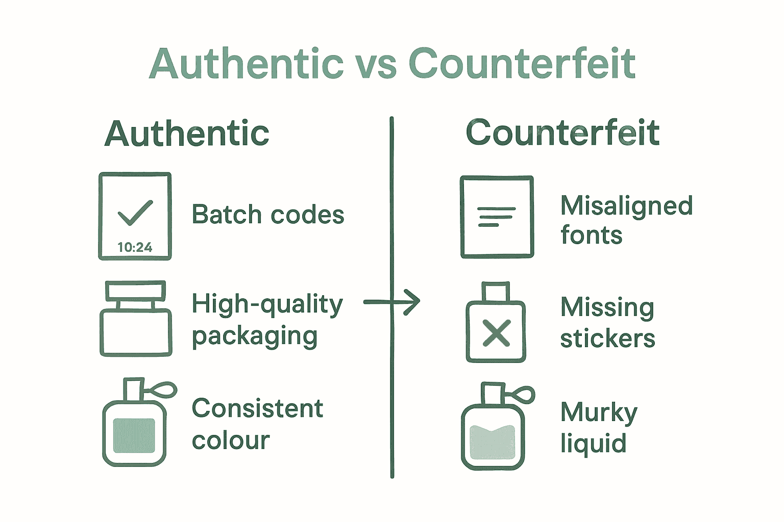 Infographic comparing features of authentic and counterfeit perfumes.