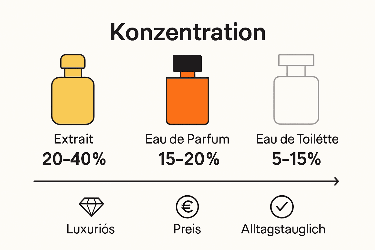 Vergleich Extrait, Eau de Parfum, Eau de Toilette Konzentration und Haltbarkeit