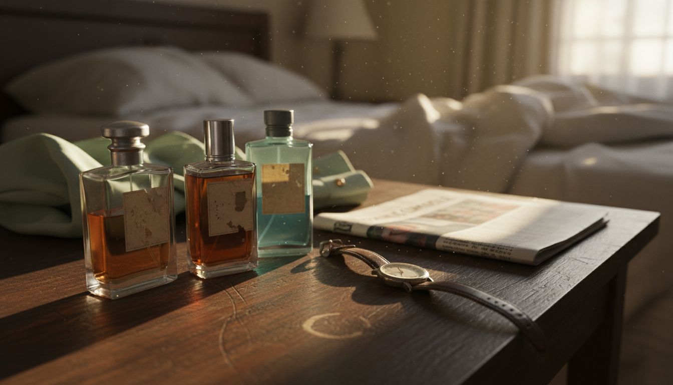 Cologne bottles and watch on table