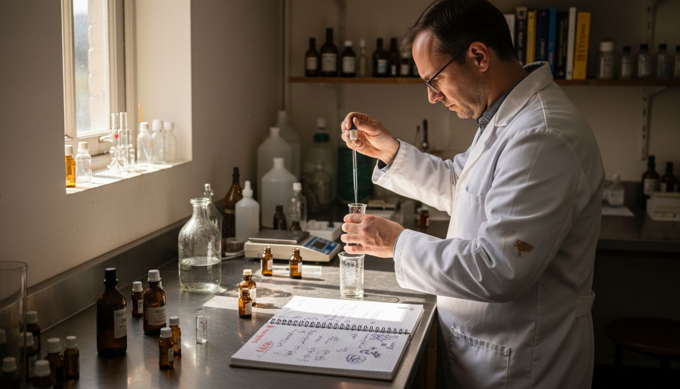 Perfumer mixing scents in fragrance lab