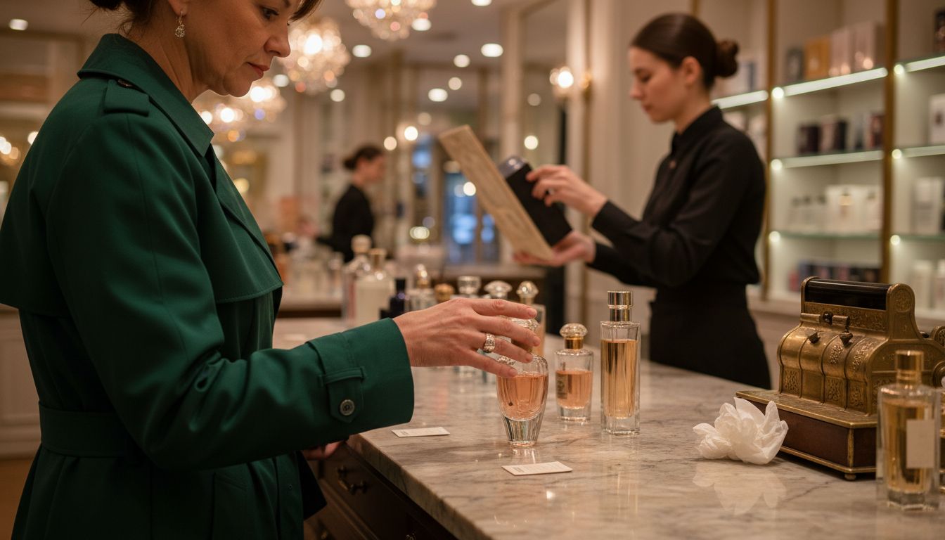 Shopper browsing premium perfume bottles