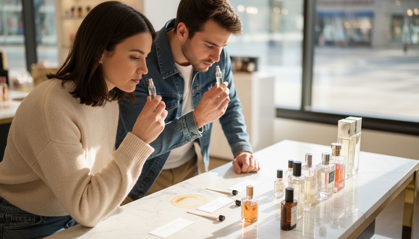 Customers sampling unisex perfume at store counter