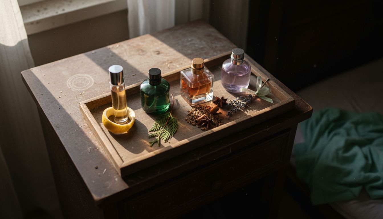 Cologne bottles with scent family props overhead