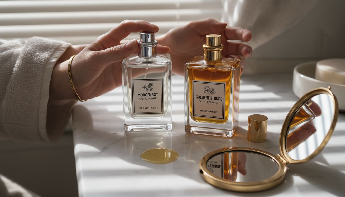 Sich am Schminktisch ein paar Tropfen Parfüm aufsprühen
