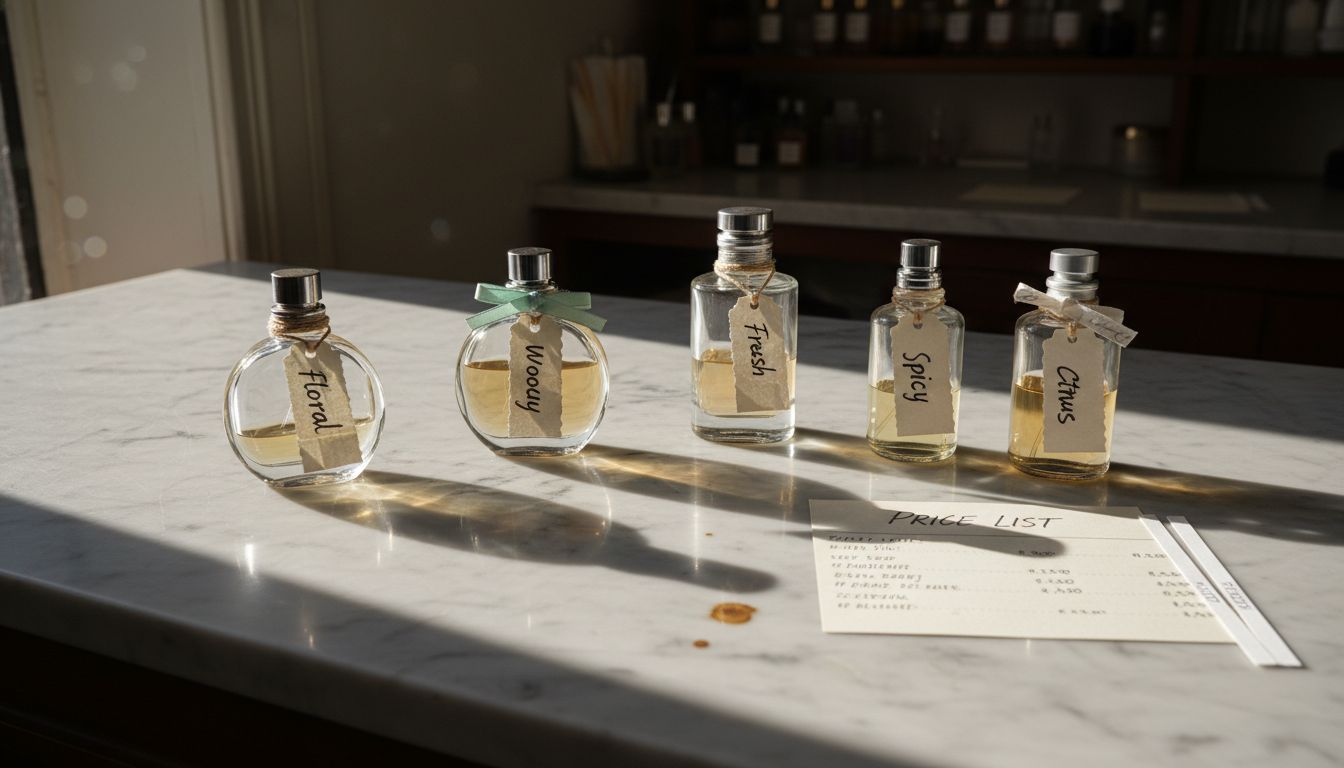 Perfume bottles labelled by fragrance families