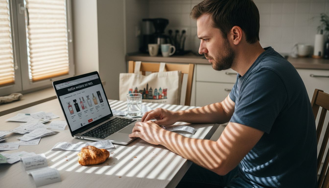 Ein Mann vergleicht online die Preise für Parfüms.