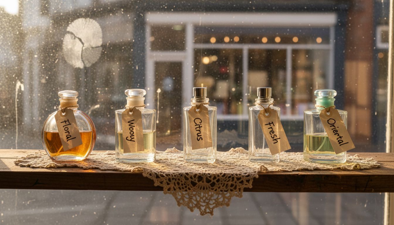 Perfume bottles arranged by fragrance family