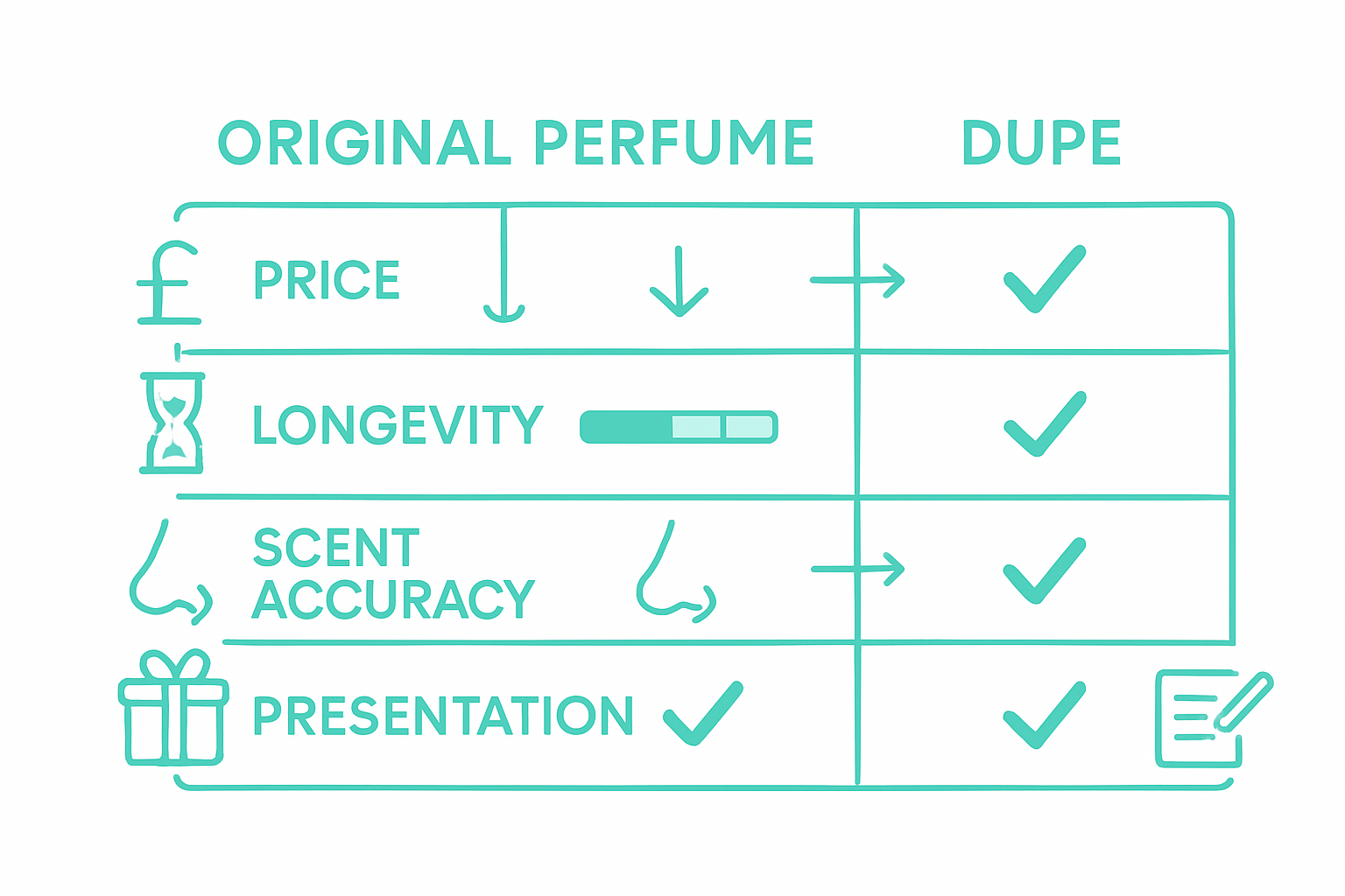 Comparison chart of dupe versus original fragrance