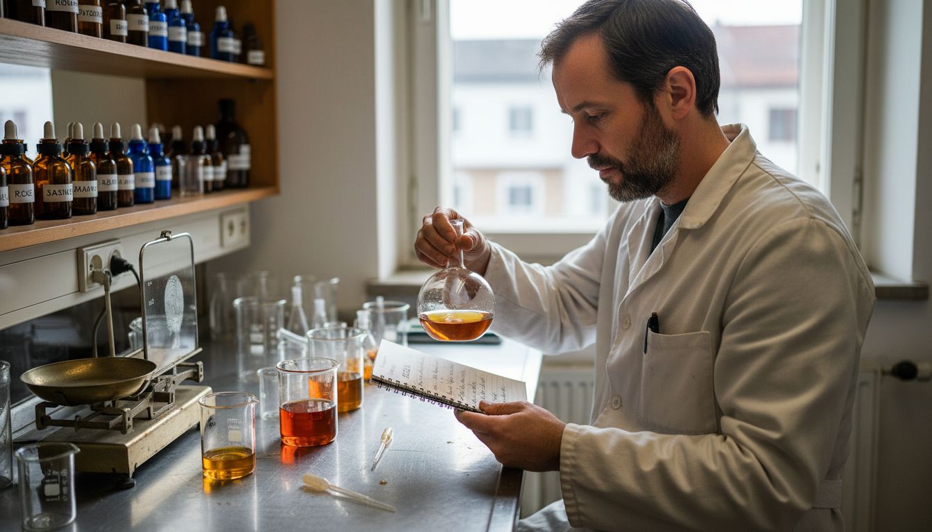 Ein Chemiker entwickelt im Labor ein neues, synthetisches Parfümöl.