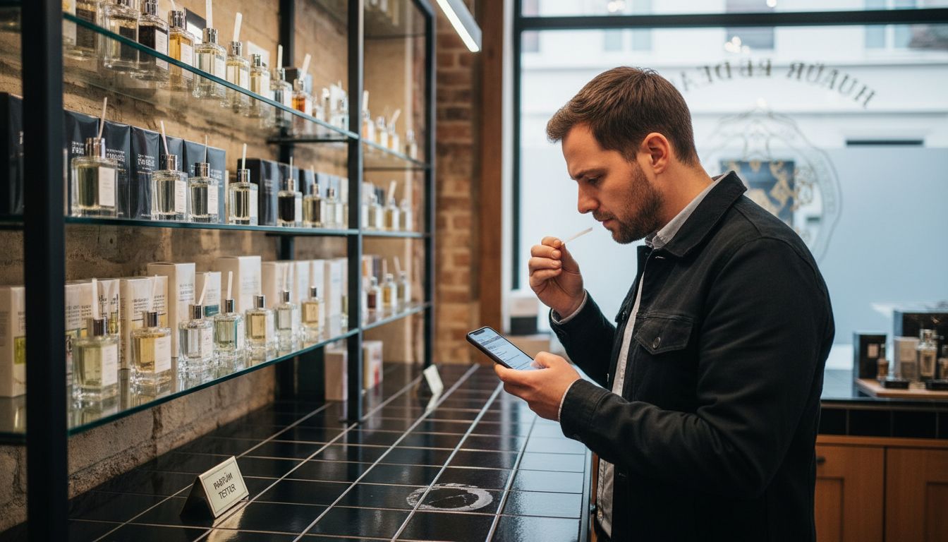 Ein Mann informiert sich über Parfums und liest Handy-Bewertungen.