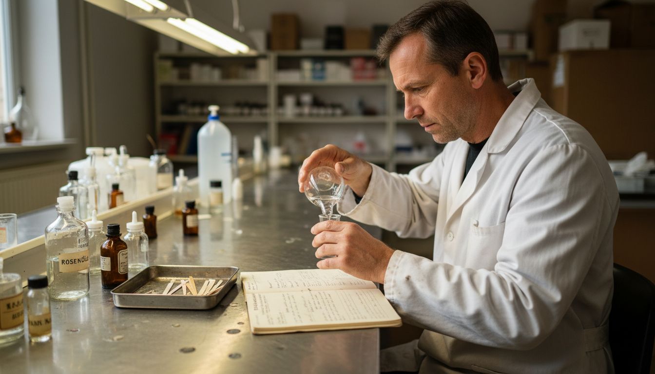 Ein Parfümeur komponiert im Labor neue Duftkreationen, indem er verschiedene Essenzen miteinander vermischt.